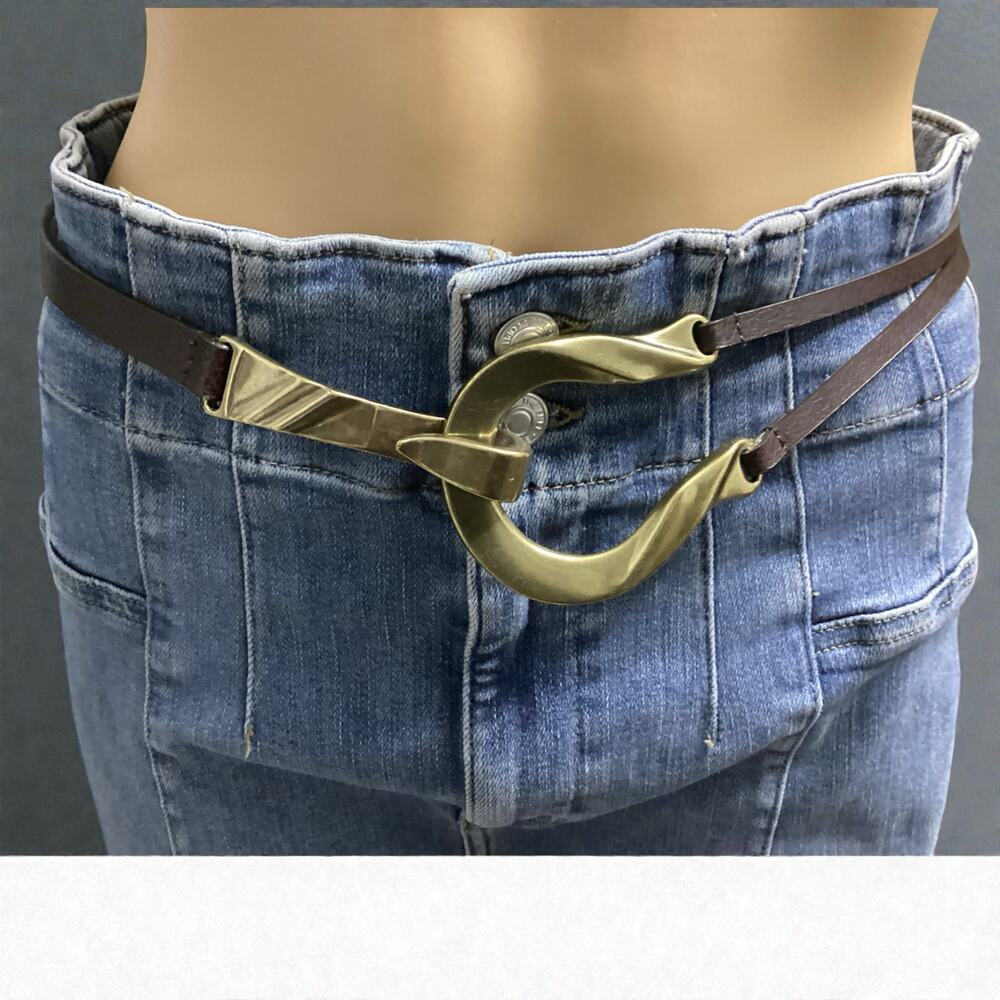 Vntg Chicos Adjustable Skinny Brown Leather Gold Hook Belt Sizes S-M RN #79984
